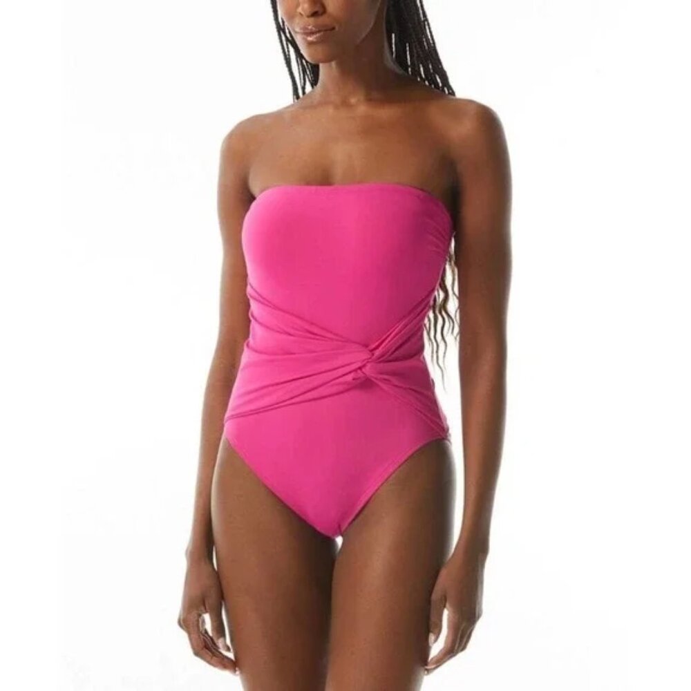 Carmen Mark Valvo Knot-Front Bandeau One-Piece Swimsuit Pink 14